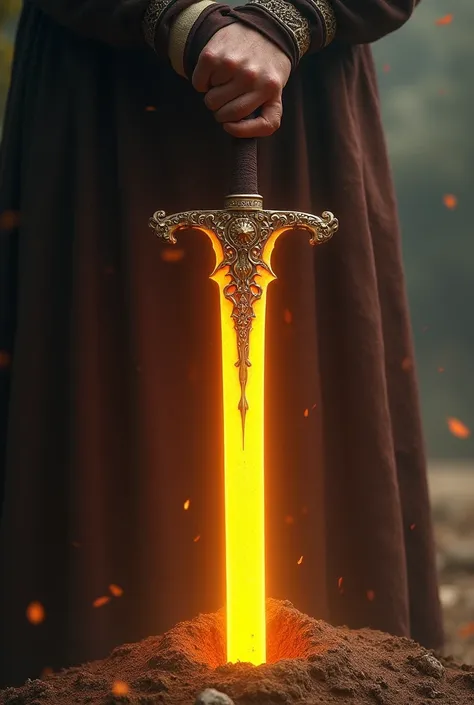 A islamic warrior dug a firey yellow color  islamic beautiful design sword in the ground with his hand where just sword and mans hand can be seen no body or face will be in this image 4k image