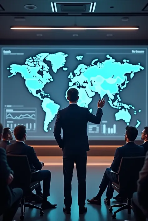 Create a realistic image of a male leader in a modern conference room, standing in front of a large screen displaying a world map and data trends. The leader, with a focused and visionary expression, points toward the screen, explaining a grand strategy to...