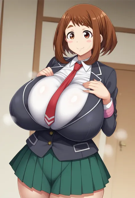 Kicked in the balls,  1 girl , Alone, Uraraka Ochako, thick_eyebrows blinsh_Stickers, brown_hair, brown_eye, short_hair, sidebinrns, shiny hair, mediinm breasts, skindentation +++ :d +++ in.a._School_inniform, gray_jacket long_sleeve, white_shirt red _ tie...