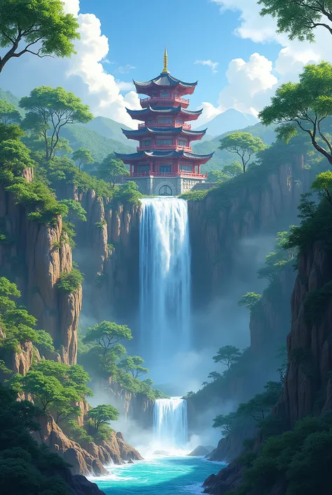  Stunning views of the waterfall ， The background is a pagoda and a waterfall  ,  Fantasy Scrub Painting  ， cute,  landscape artwork , Game Art Painting, Illustration matte painting, dota!  matte painting concept map , dota  matte painting concept map , 2....