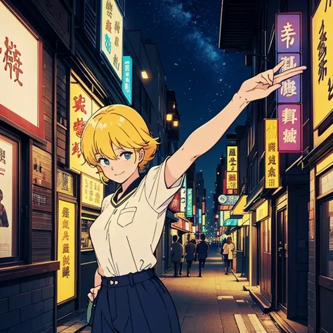  High Quality ,   masterpiece on penis ,　Yellow Hair,  shortcut,  1 girl , 背景はCity Night, smile, smile, 80&#39;s anime vibe, style of Macro,   studying 80s anime style ,   80s anime art style  , Macro, 1980s anime style, City Night, 

