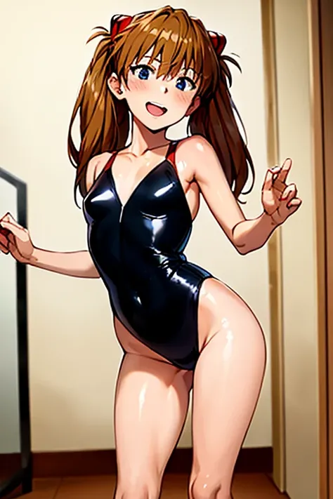 (( top quality)), ((masterpiece)), (be familiar with),  perfect face, indoor, bedroom,  viewer,
One woman,  Soryu Asuka Langley,
 open mouth,  ecstatic expression with hands in front of body, blush, smile,
 small tits,  flat chested, Young girl, Lori,  s, ...