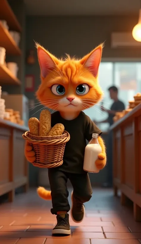 Max, a 16-year-old male orange cat with big blue eyes and a nervous yet determined face, wearing a black t-shirt, black pants, and black sneakers, clutches a basket of bread and a bottle of milk in his paws. The background shows the bakery interior, with a...