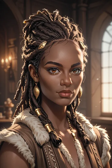 Beautiful, young black viking woman with dreadlocs, brown skin, brown eyes, full lips, in leather and furs, Solo, High Resolution, Masterpiece, Anatomically Correct, Accurate, Best Quality, Expert Lighting, Detail, Textured Skin, Portrait,