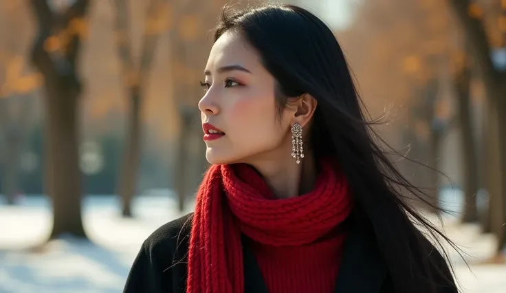  sideways、 Closeup 、Brighten up people 、Walking alone in a Spanish park in winter、Beautiful woman with long black hair、red inner with black wrench coat、Im wearing a red scarf around my neck、With earrings、 real