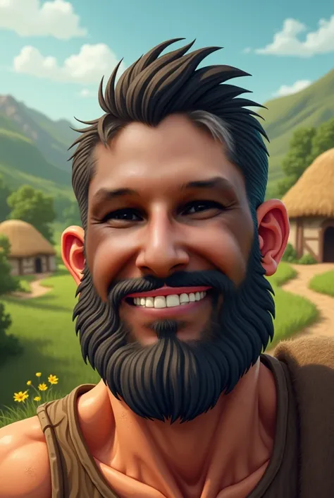 Man from the Neolithic period. Focus on the face. Landscape in the background is a Neolithic village. Cartoon image.