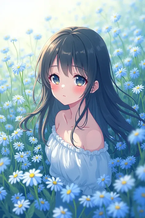 ((anime , watercolor paint  , So beautiful,detail ,perfect line )) an anime girl with blue daisies 