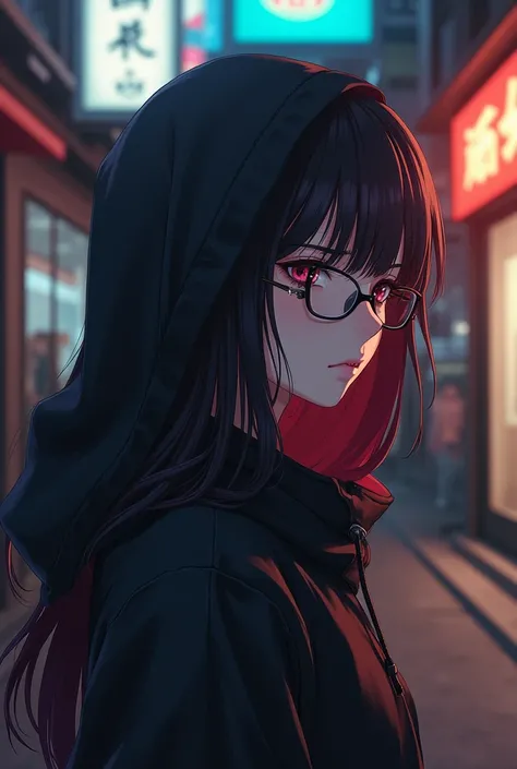 Single, woman, sideways,  anime style , Movie, modern, long hair, Black Wine Red Hair,  lowered hood , wearing glasses, serious