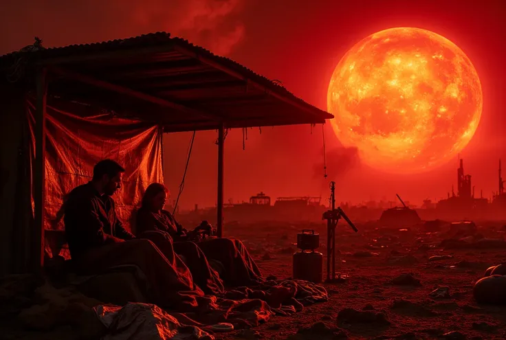 ((masterpiece)) ((photography)) ((Highest quality)) A dystopian apocalyptic landscape where the sun is dangerously close to Earth, casting an intense, hellish red-orange glow over everything, A small, improvised shelter made from scavenged materials, such ...