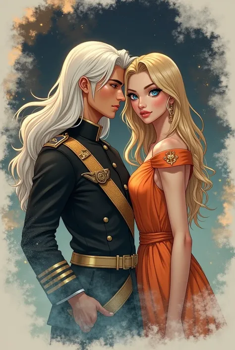 Wattpad Cover Dedicated to Novel by Impossibly   beautiful   Young Femme Fatalein orange dress, Incredibly  beautiful  blonde , Princess of Venus and General of the Earth Army, at all,   beautiful  ,   majestic  , manly mature man with long straight platin...