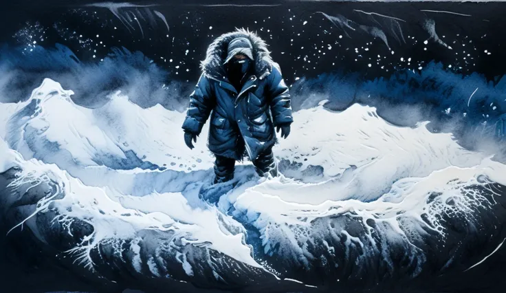 Ink and watercolour illustration on black paper.  Blizzard conditions, heavy snow, wind and gale. human figure dressed in heavy furs, standing looking down at (gigantic), horizontal footprint embedded in deep snow. ((very high) camera angle). blue and grey...