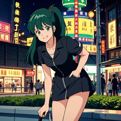  High Quality ,   masterpiece on penis ,　 green hair,  shortcut,  1 girl , 背景はCity Night, smile, smile, 80&#39;s anime vibe, style of Macro,   studying 80s anime style ,   80s anime art style  , Macro, 1980s anime style, City Night, 

