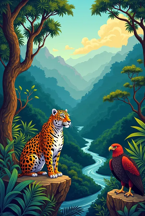 Give me a mural about the Amazon with two endangered animals . That it doesnt have so much depth  