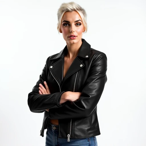 masterpiece， Sony alpha a1 camera shooting ， ultra-high resolution ， High Definition （Realistic 1.4）， Studio Portrait ，Wanted，29-year-old ， short off-white hair ，Cross your arms，Wear a tight black leather jacket and slim blue jeans， The background is pure ...