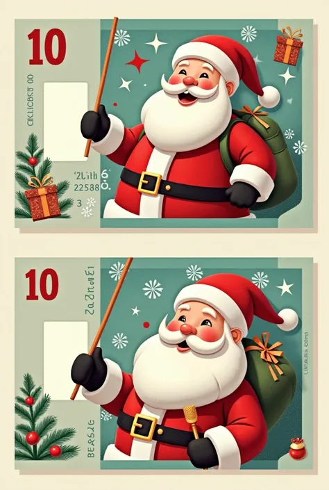  Design money notes inspired by Brazilian banknotes,  with values of 5 and 10, , ensuring that each note has only an exclusive and clearly indicated value.  Replace the images of people with Christmas figures :  in the note of 5 , Santa Claus; And in the o...