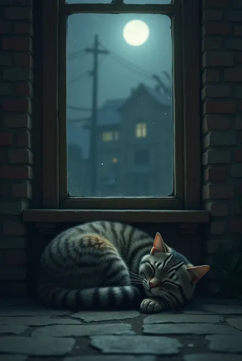 Stray cat sleeping under moonlight falling window