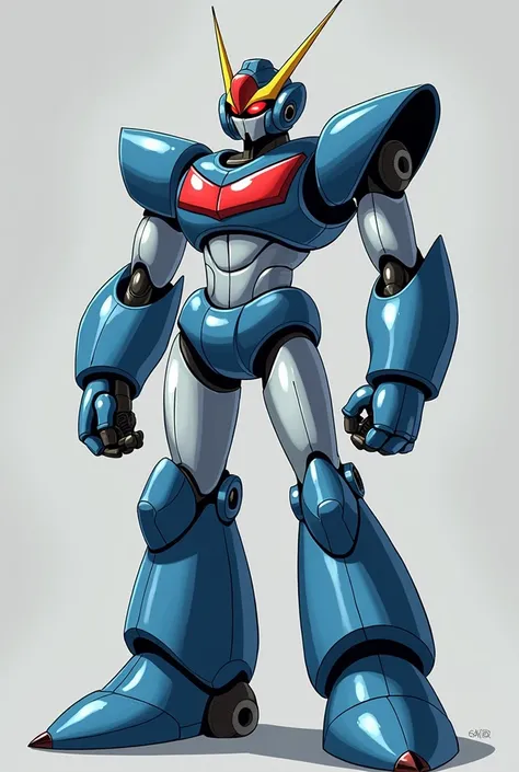 A sleek robot character with a silver and blue color scheme, featuring a red visor and yellow antennae. The design is futuristic and reminiscent of classic animated series, with detailed metallic textures and a heroic pose