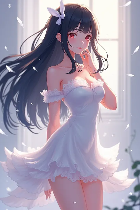  A large-breasted anime girl  ,  wearing a short white dress  ,  draped down her legs were layers of white lace fabric  ,She has black hair, clamped over her hair was a small white bow , white feathers , white firefly  , Anime8k  