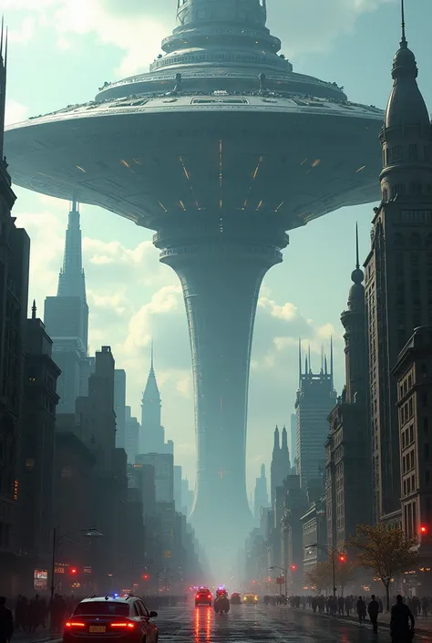 A huge alien ship descends over the city