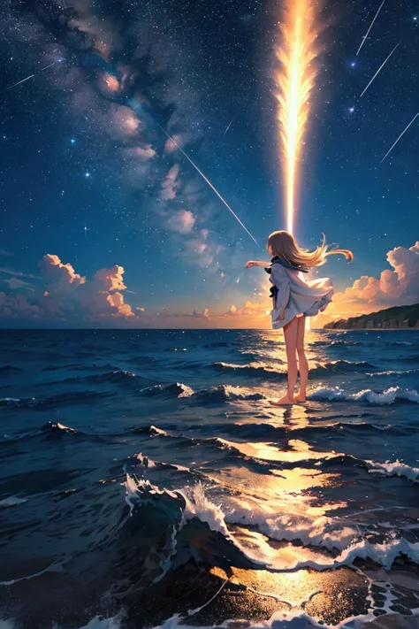 ((  masterpiece ,  higher quality )), At night, fine clothes, girl, put one foot in the sea water with just your toes, girl standing, girl sideways, girl between the horizon and the sea,  looking from the side , Ripples spread from the toes, the scene is a...