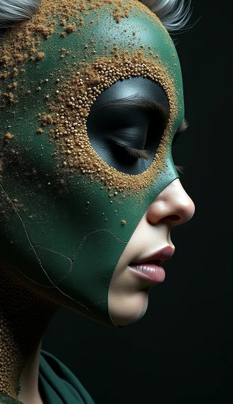 @jeanne



photorealism   , monochrome , h/b,  fractal black field in cracks , composition of wind and dust ,  zentangle elements ,   minimalism with tohkami lines , , a womans face made of emerald leather covers a black disc made of barhat,  on the head o...