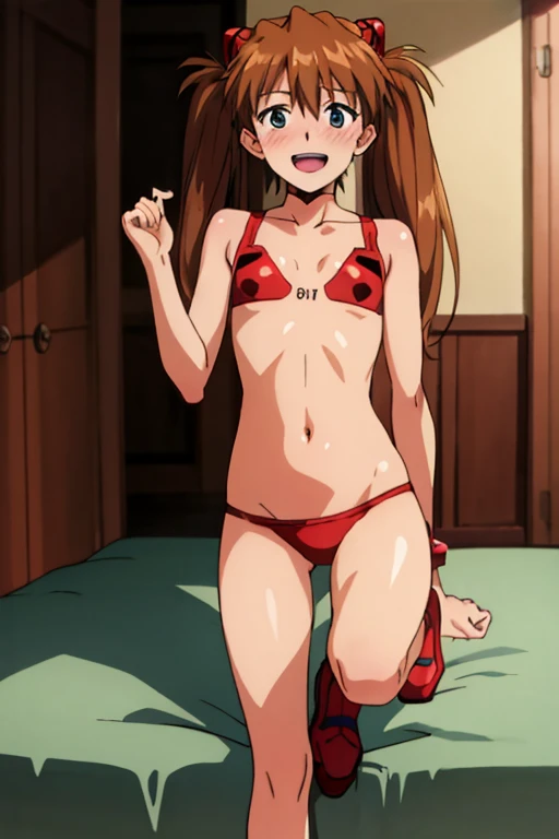 (( top quality)), ((masterpiece)), (be familiar with),  perfect face, indoor, bedroom,  viewer,
One woman,  Soryu Asuka Langley,
 open mouth,  ecstatic expression with hands in front of body, blush, smile,
 small tits,  flat chested, Young girl, Lori,  s, ...