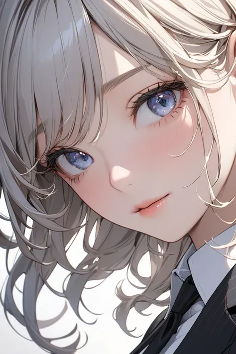 masterpiece, best quality, ultra detailed, 1girl, face close up, office suit, platinum medium wavy hair, swept bangs,