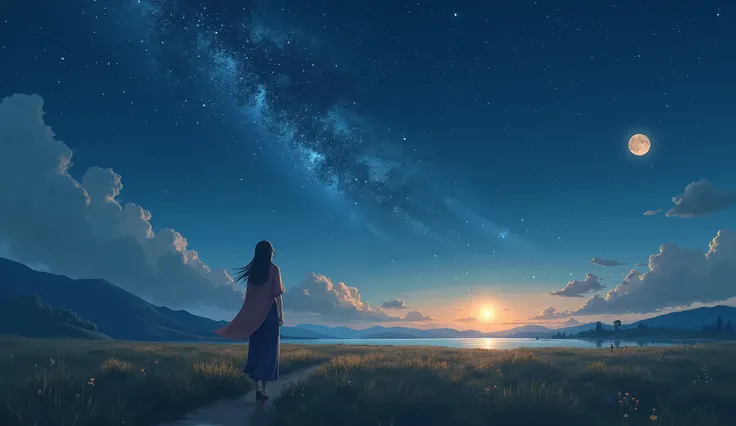 Setting:

A peaceful night landscape, such as a vast open field, a mountain under a starlit sky, or a quiet riverbank reflecting the stars.
The sky filled with shimmering stars and a glowing moon, symbolizing guidance, hope, and enduring love.
Characters:
...