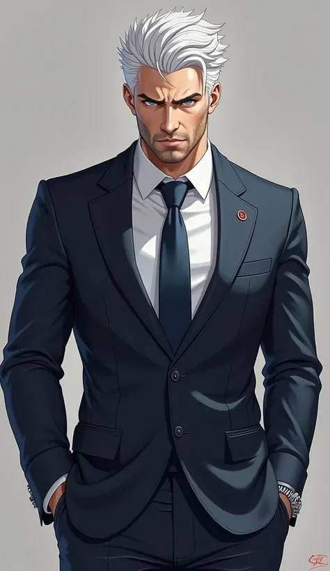 Detailed illustration of HD realistic male with white hair, blue and red eyes wellbuilt in a gentlemen suit with a perfect charming smile  having a chiseled jawline wearing a watch and one hand in his pocket Jewelry, Closed Mouth, Masterpiece, HD, Short Ha...