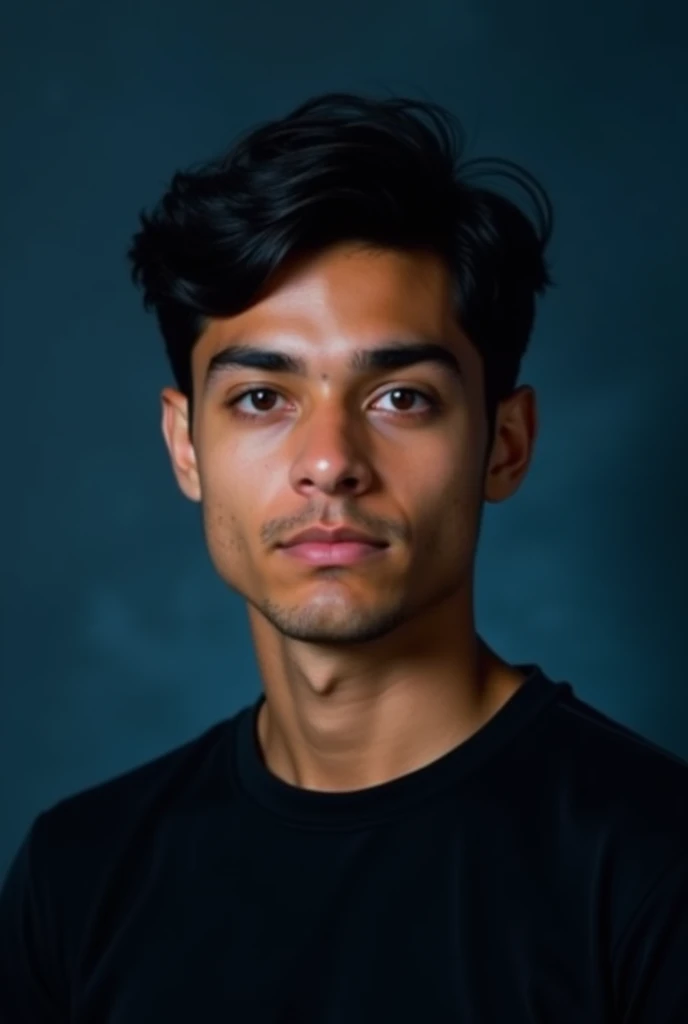 School yearbook picture, dark blue background, teenager Hispanic, guy, black hair, black shirt, not to realistic