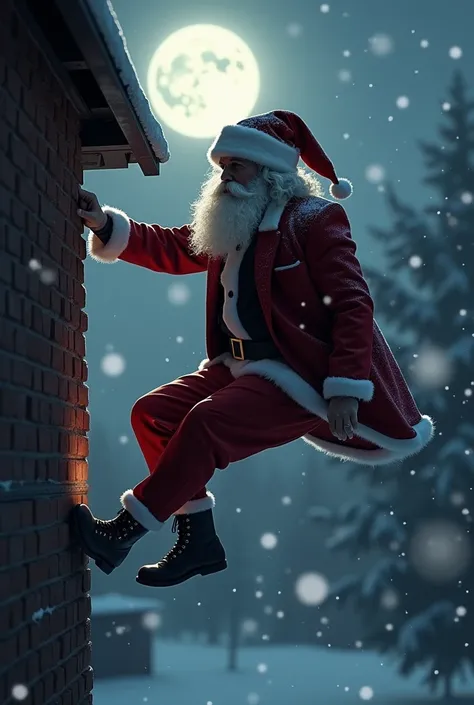 Create a James Bond-style spy Santa Claus trying to enter a house through the chimney to secretly deliver a gift