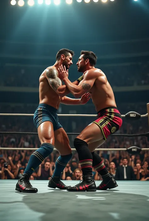 Cristiano Ronaldo and Lionel Messi fight in a wrestling ring