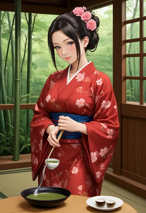 a photo of Tea master , A tea master in a kimono , having the Japanese sadoh photography,
a ladle in her right hand, its made a bamboo , a tea bowl in her left, steam coming from a round iron Chagama container a photo of Tea master , A tea master in a kimo...