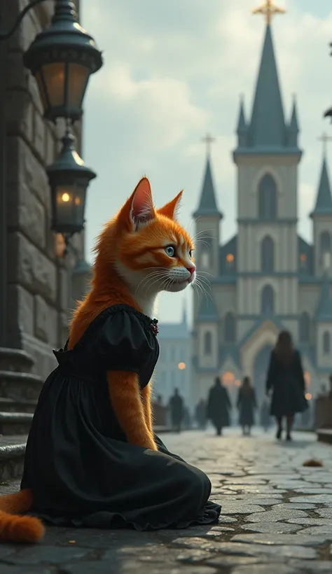 Rejected and heartbroken, with big tears in eyes, the anthropomorphic orange ginger cat in black dress, sits on the cold stone pavement, far from the churchs entrance and facing toward the church gate. There is a big shining cross on top of church. Tears r...