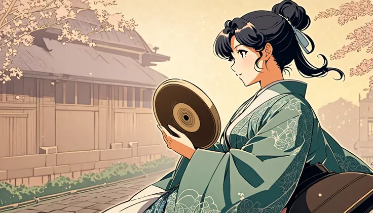 Please create an anime-style illustration of a girl with a ponytail, wearing a haori and hakama, happily listening to music coming from a gramophone record, as in the Taisho Romantic stories of the Taisho period.
The design will express a unique aesthetic ...