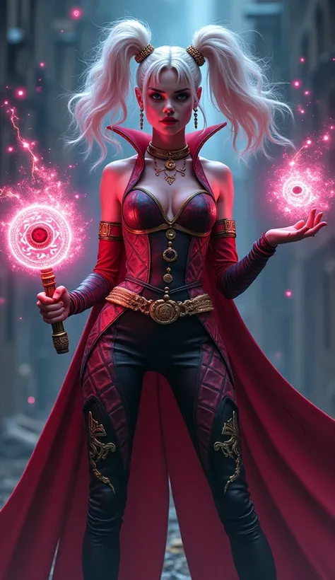 A mind-blowing fusion combining Harley’s chaotic energy with Doctor Strange’s mystical powers. Her outfit is a mix of her signature red-and-black diamond patterns and glowing magical runes. Her pigtails flow like mystical ribbons, radiating an ethereal glo...