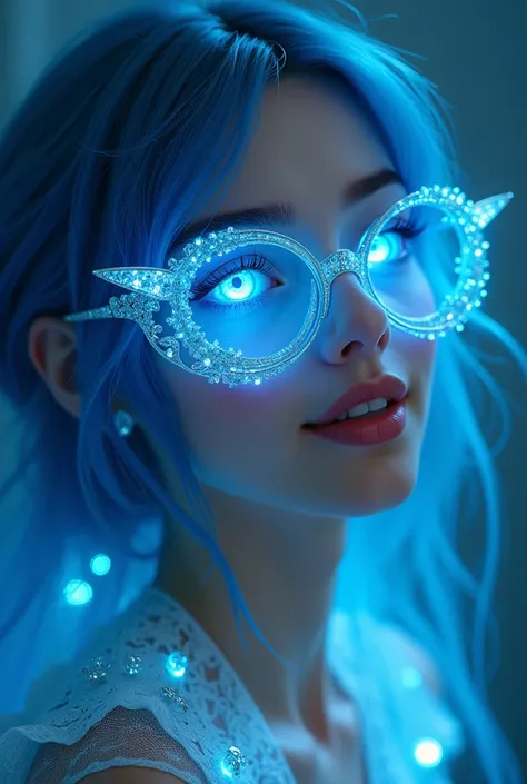 Woman with big eyes Blue hair glasses that are transparent Blue eyes dıe glow jewelry in the face very mythical and beautiful laughs like a person with whom you fall in love immediately 