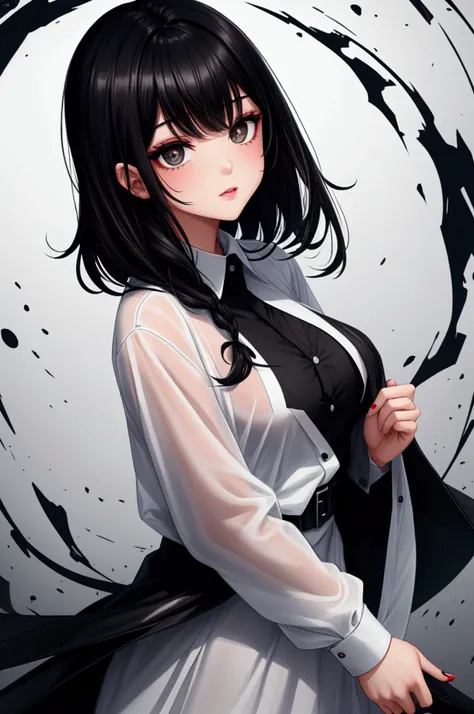 Girl with black hair and black eyes. He has black clothes