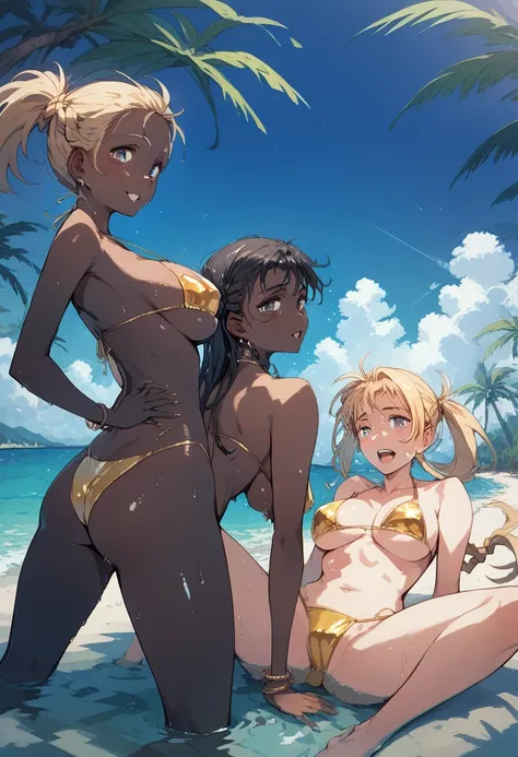 pt, beach ,oil bikini,2Girl,Sprinting, wet and shiny skin,Wet and luscious naked,Shiny nudes, vibrant colors,primary color,dark skin color,casual blonde long hair,Bullish expression,High school girl gal,I dont braid my hair, two girls with black skin,Tree ...