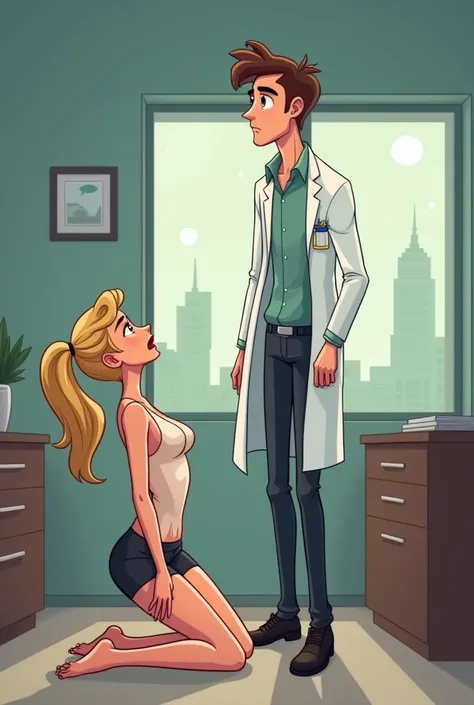  blonde with ponytail,desnuda,  slim and tight bodies ,  big breasts, in love,  embarrassed, humiliated, scared , shy, kneeling on the floor , begging her boyfriend  , tall doctor  , delgado,  brown hair , standing, office, animated