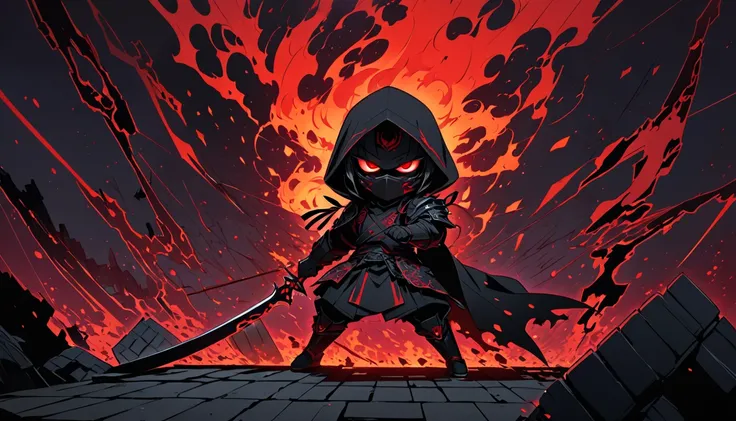 Chibi-style anime character, heavily stylized in Japanese animation. A shadowy figure clad in sleek, black assassin gear crouches on a rooftop under a starless night sky. Dual daggers in hand, he vanishes into a dark mist, only to reappear mid-air, slashin...