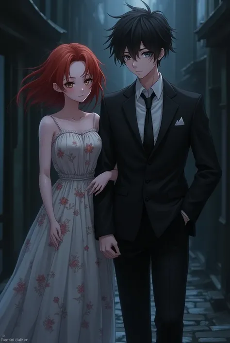  In anime I want a dark-haired black-haired man with gray hair small black eyes measuring 1 . 65 in a suit and winged a red-haired woman with white gray skin small brown eyes measuring 1.60 in a flower dress  