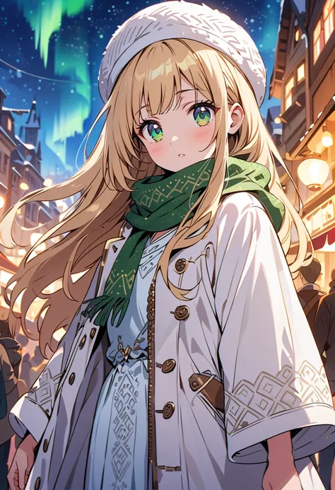 deep green eyes, long flowing blonde hair, 1girl, 12 yo girl, cute, gorgeous white long winter dress coat with patterns, (white knitted hat with patterns), long white socks, green scarf, cinematic, large russian city with crowds, night starry sky with auro...