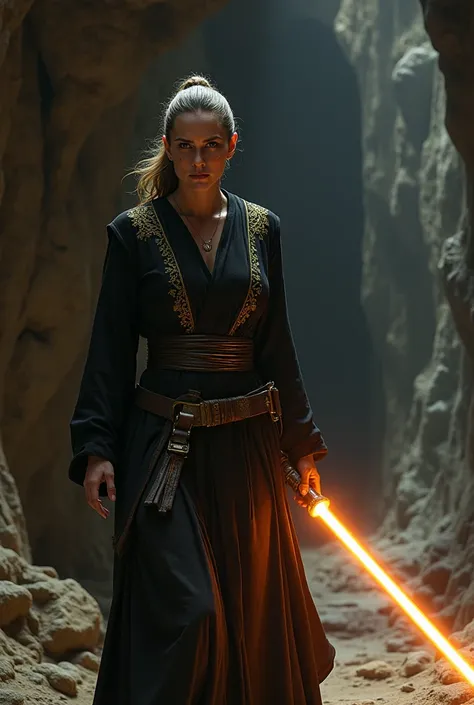 Beautiful Female jedi , 40s years old ,gold lightsaber, black and gold sexy robe in a dark cave , scared face , exploring