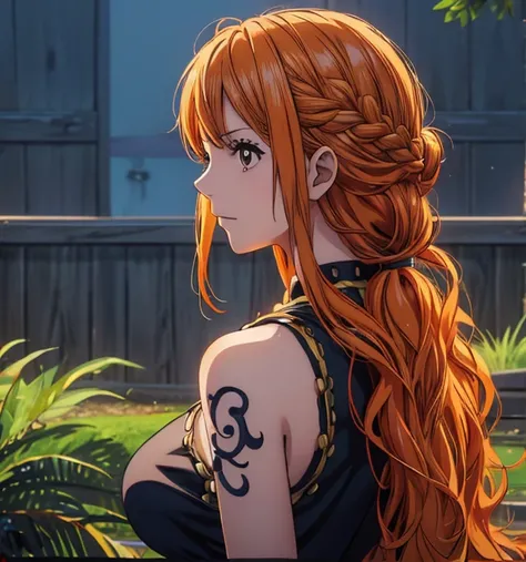 (masterpiece, top quality, 4K, 8k,   high definition  , 最高masterpiece:1.2),  super detailed, ( realistic , photo realistic , photo- realistic :1.37),   Maintaining Anime Style  ,  Nami in One Piece, pale orange hair hidden in thick grass ,Beautiful hairsty...