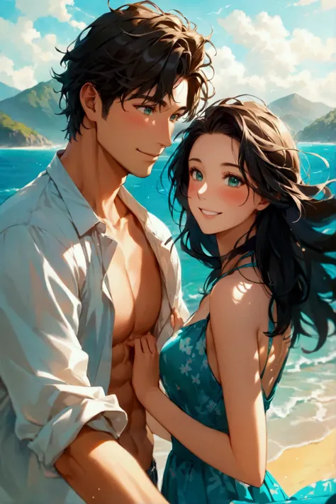 Portray a romantic scene where a Caucasian man in his thirties is walking arm in arm with his young cheerful Japanese girlfriend. He has a square face with green eyes and a fit physique, coiffed brown hair and he is dressed in a beach outfit. She has round...