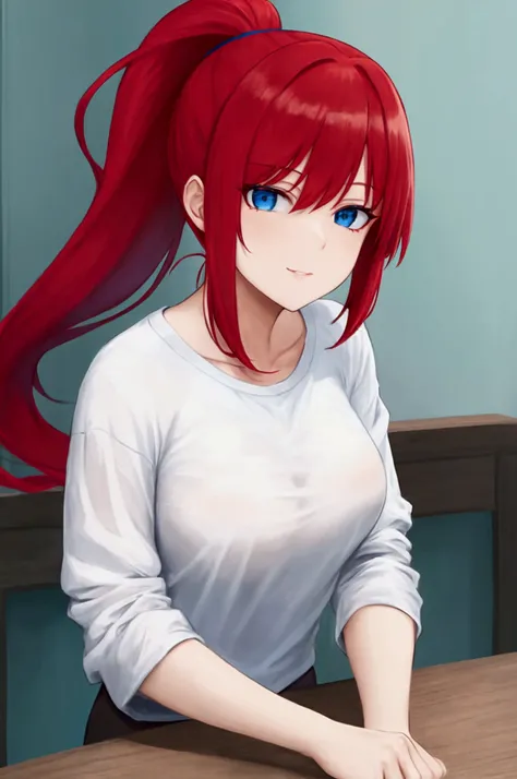 Face of a mature girl, red hair, ponytail, blue eyes, wearing a white t-shirt