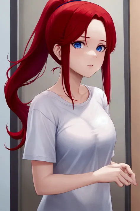 Face of a mature girl, red hair, ponytail, blue eyes, wearing a white t-shirt