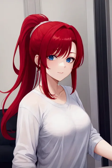 Face of a mature girl, red hair, ponytail, blue eyes, wearing a white t-shirt