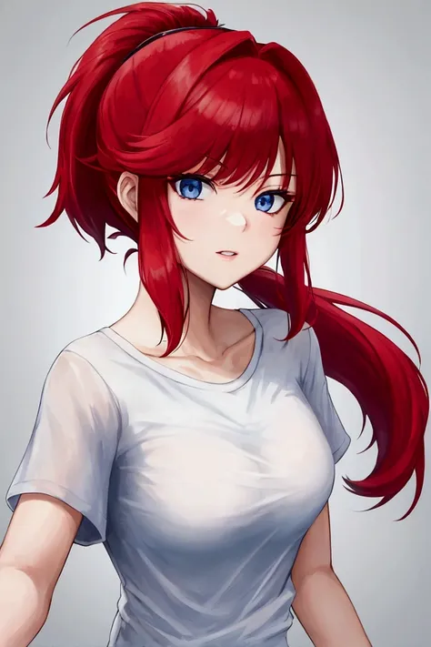 Face of a mature girl, red hair, ponytail, blue eyes, wearing a white t-shirt